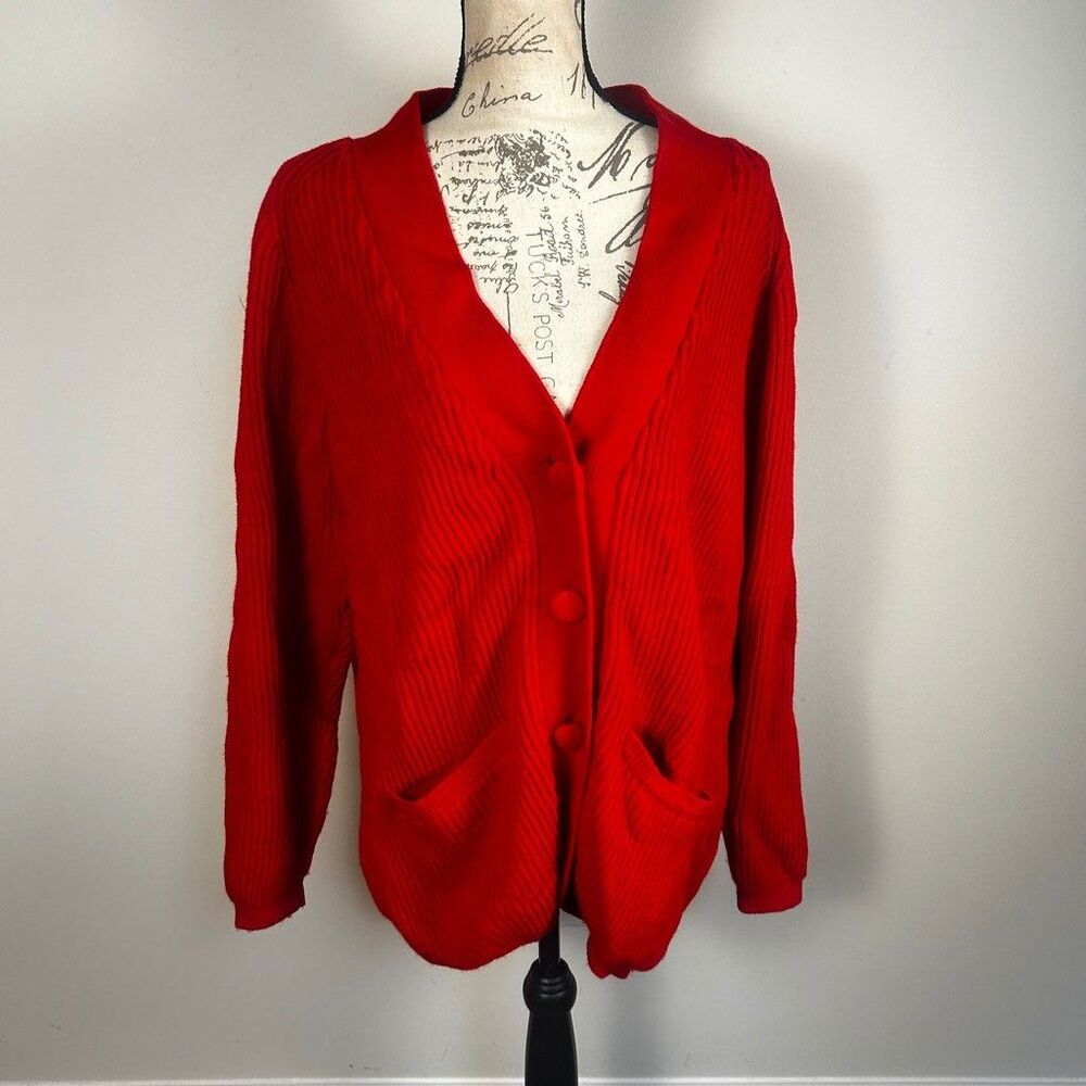Victoria Jones Red Cardigan Sweater Womens Large Ribbed Knit Button Front